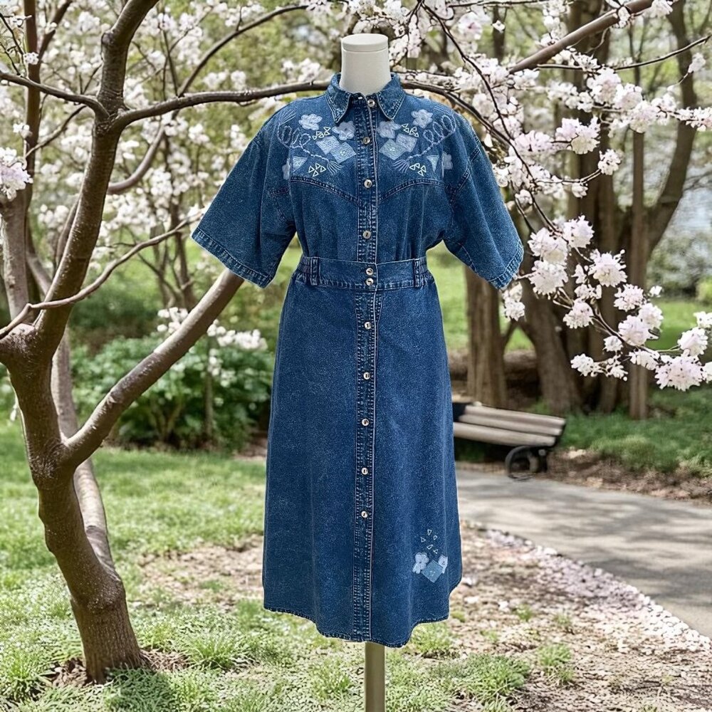 Vintage Pearl River Denim Skirt Set Acid Wash Floral Embroidered Cottagecore L‎
